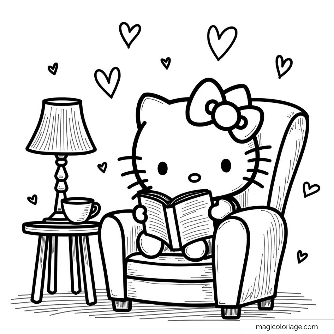 Dessin de Hello Kitty lisant un livre