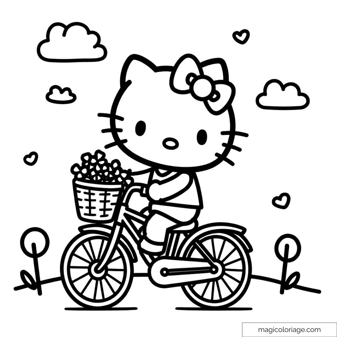 Hello Kitty à vélo avec un panier de fleurs