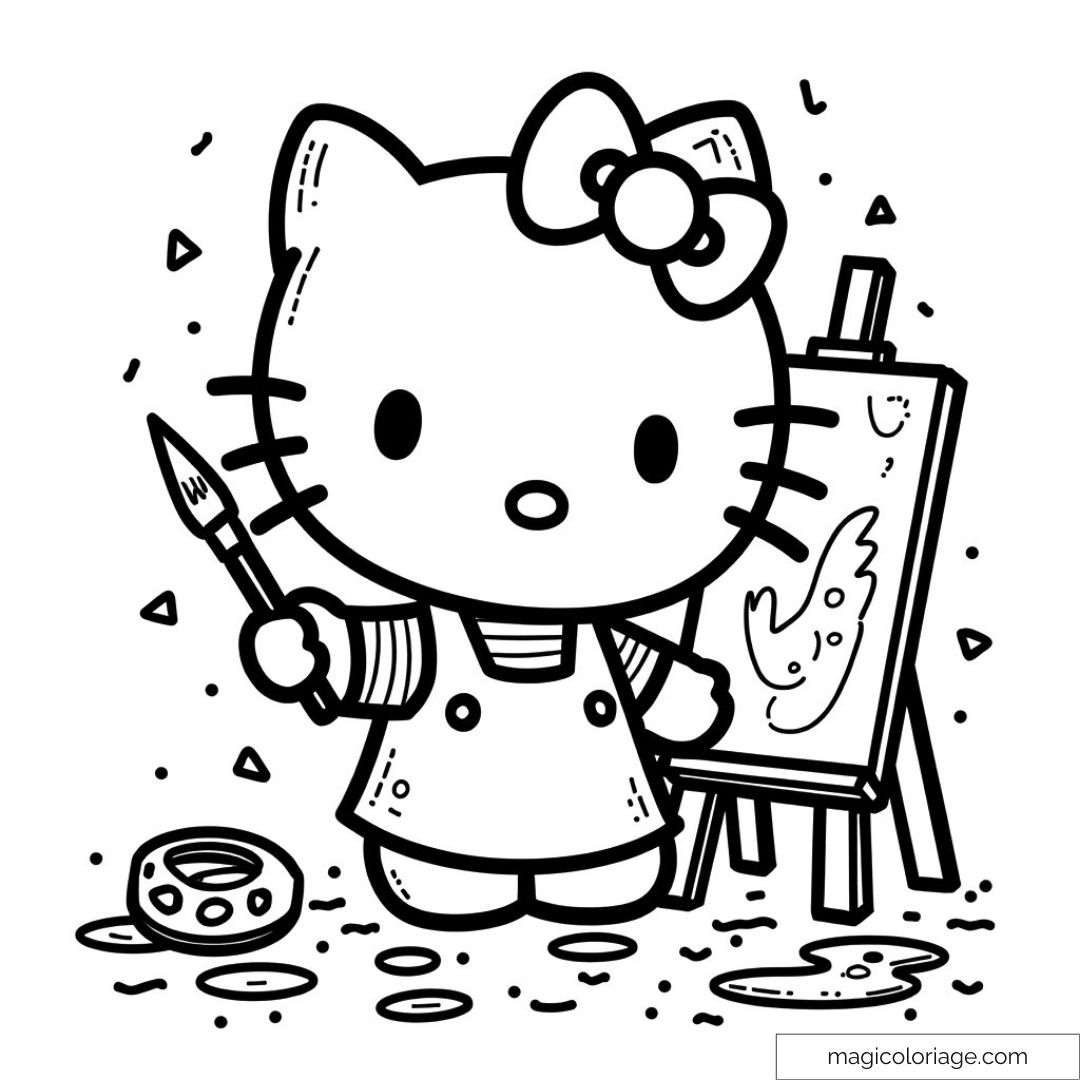 Coloriage Hello Kitty artiste avec pinceau et chevalet