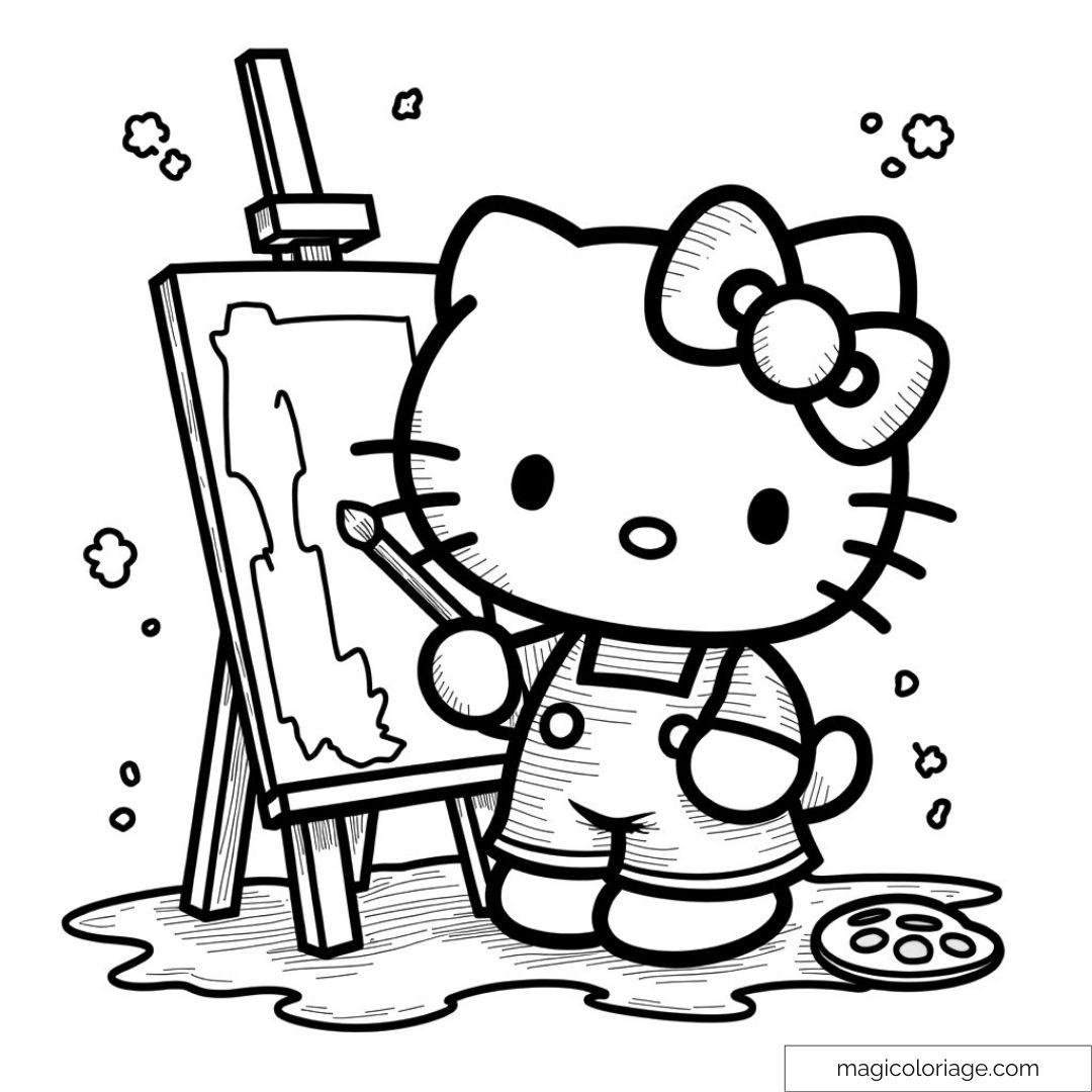 Hello Kitty en train de peindre sur un chevalet