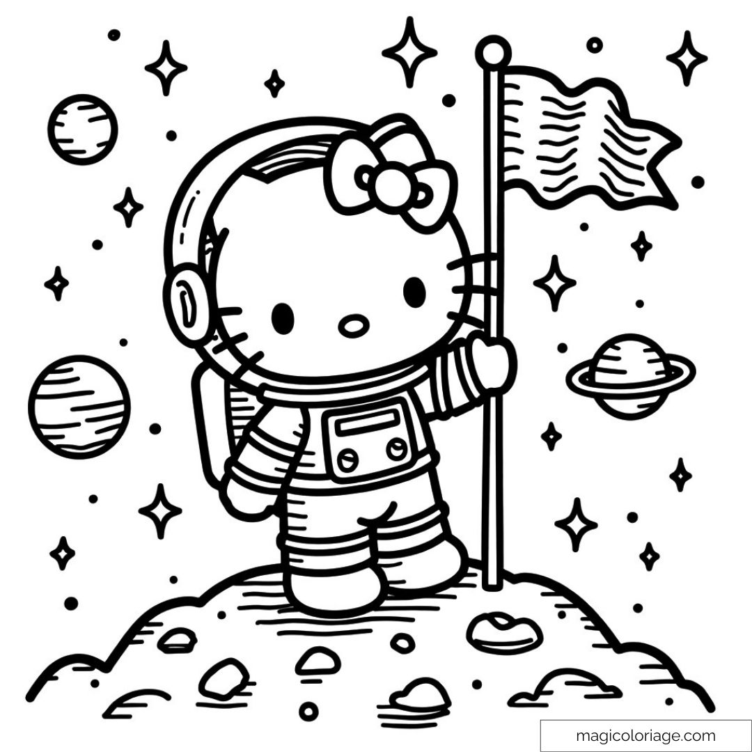 Hello Kitty en cosmonaute portant un drapeau parmi étoiles et planètes.