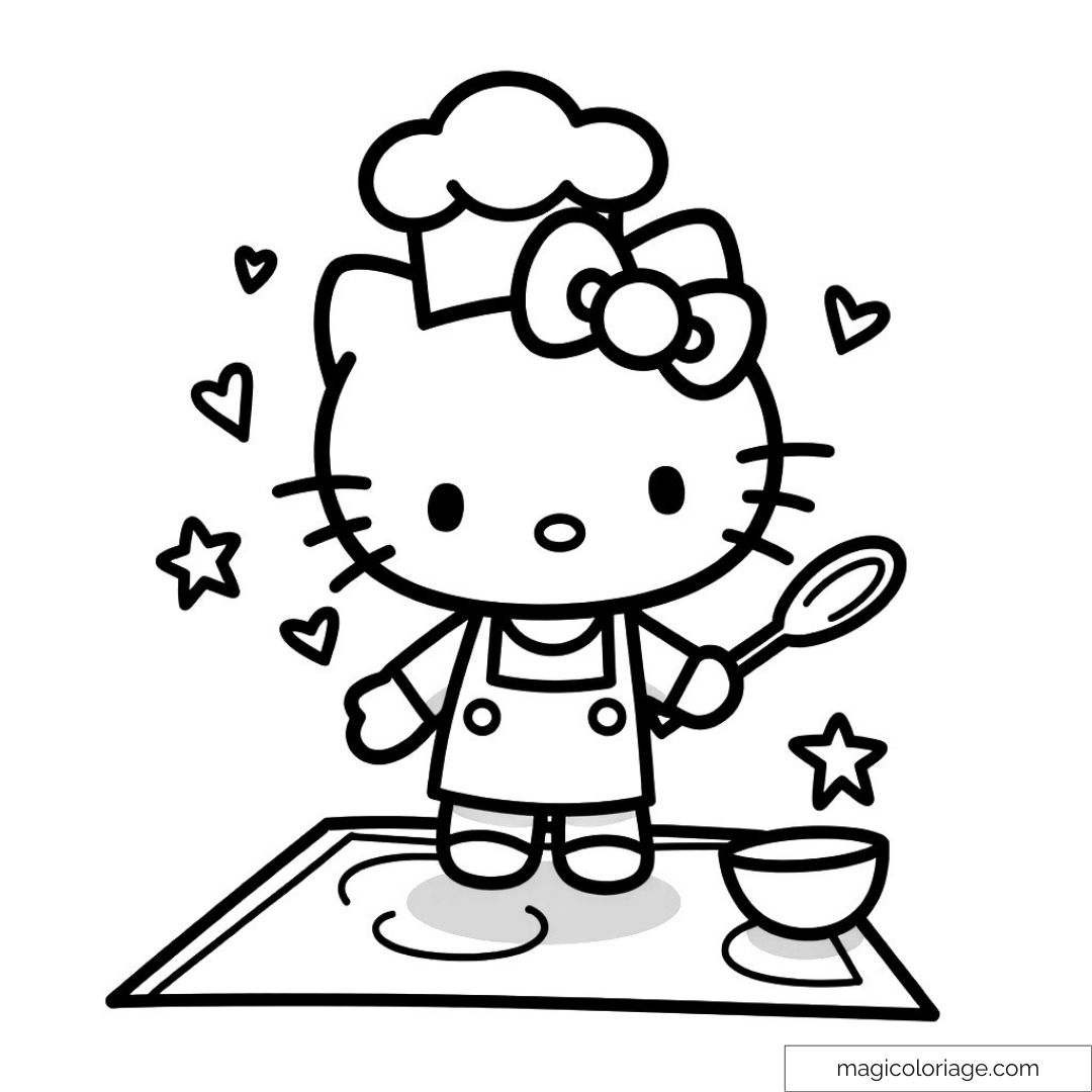 Hello Kitty en tenue de chef avec un fouet et bol