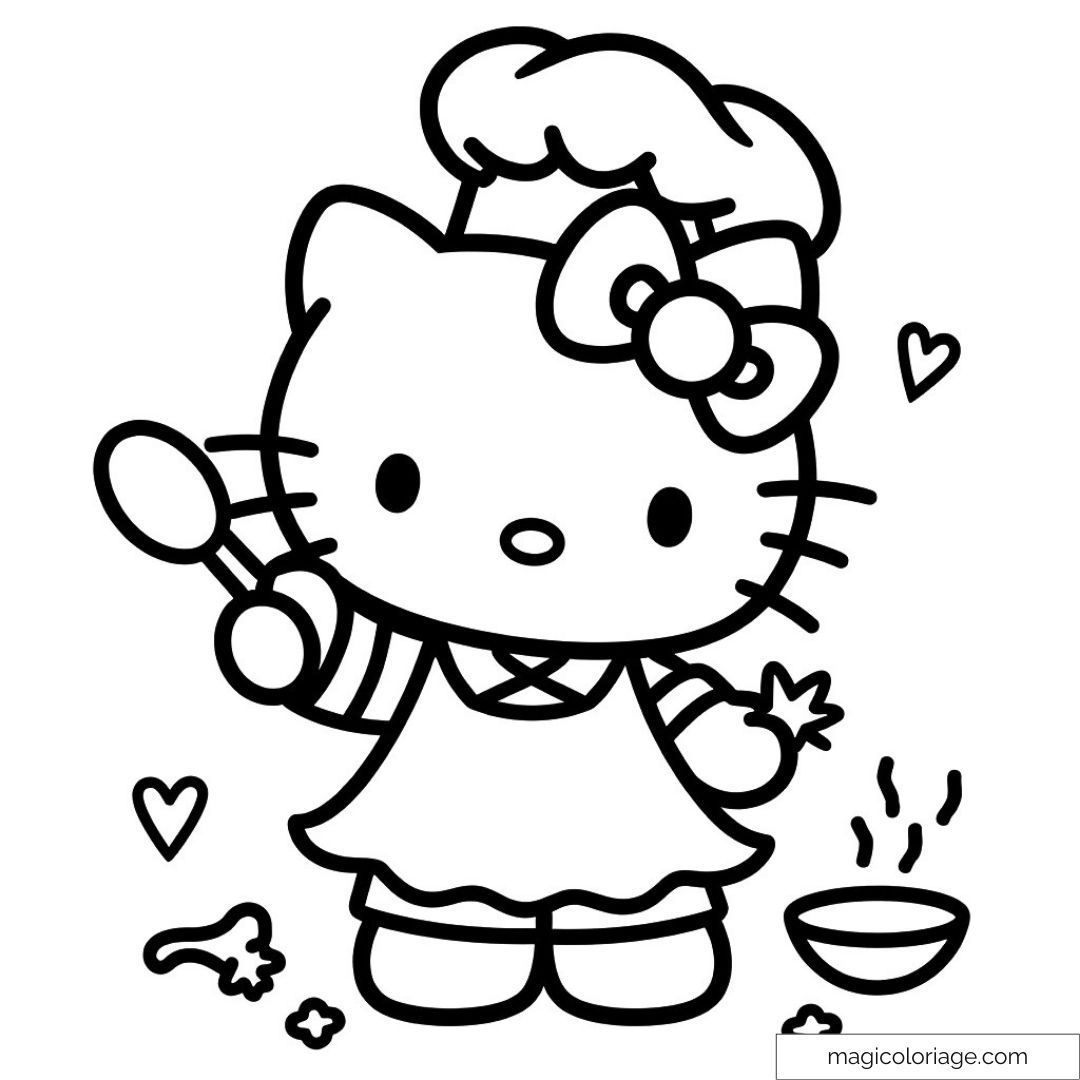 Dessin de Hello Kitty en tenue de chef cuisinier avec une cuillère.