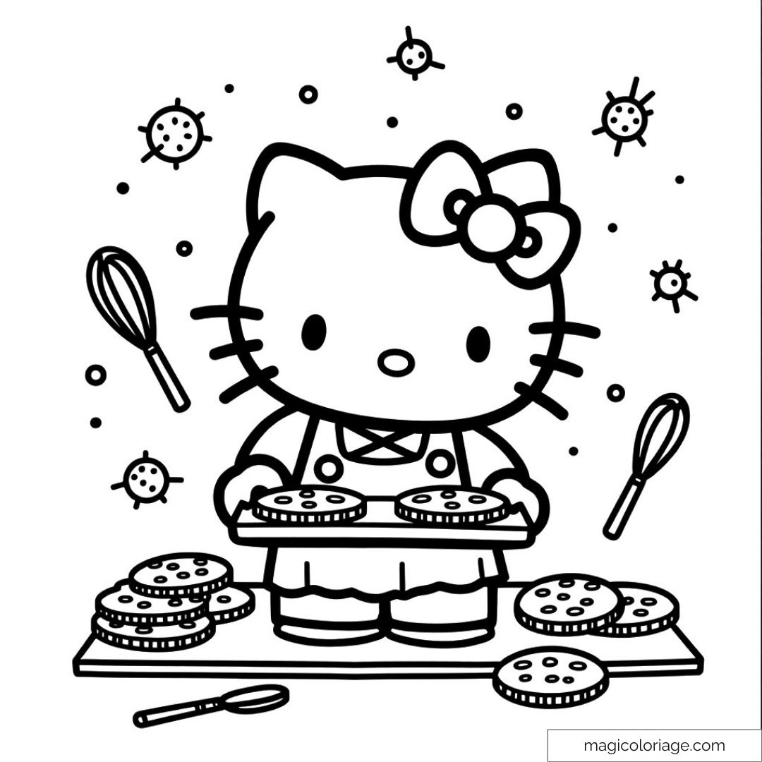 Hello Kitty en cuisine avec plateau de biscuits et fouets