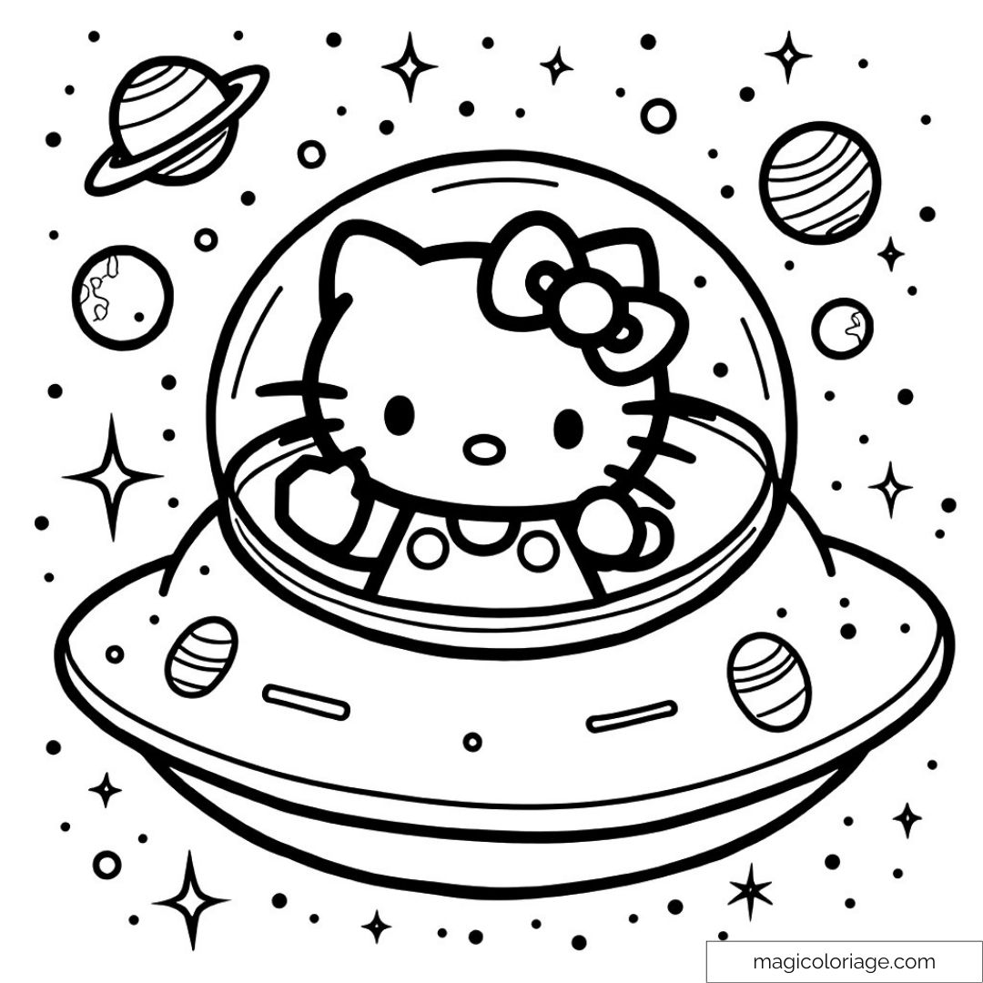 Dessin de Hello Kitty dans un vaisseau spatial entourée d'étoiles