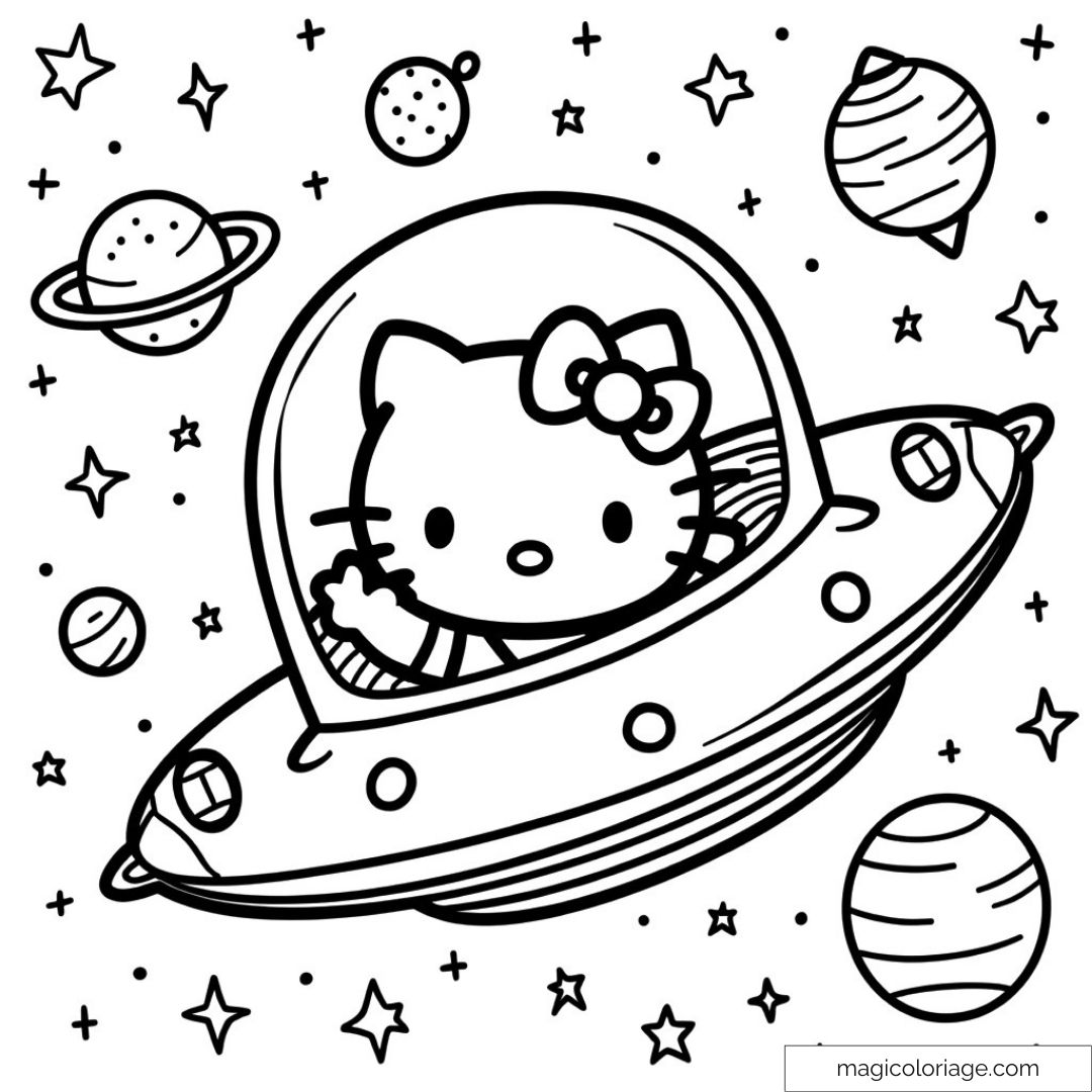 Hello Kitty souriant dans un vaisseau spatial entouré de planètes et d'étoiles.