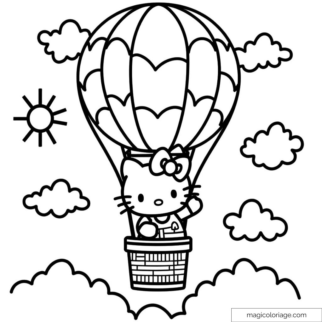 Dessin de Hello Kitty dans une montgolfière avec des nuages et le soleil