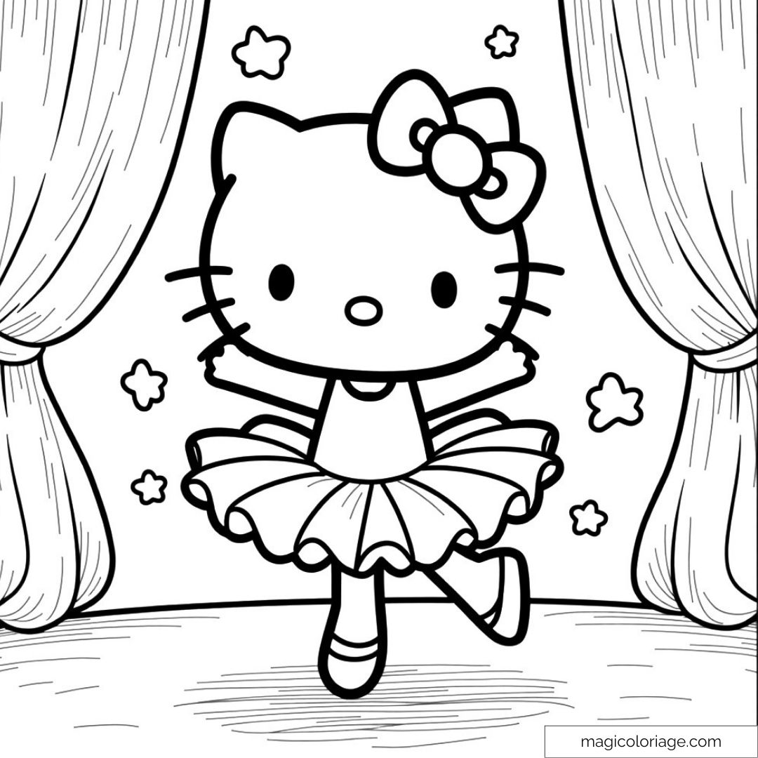 Hello Kitty en tutu sur scène entourée de rideaux
