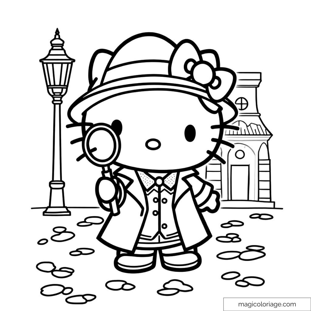 Hello Kitty déguisée en détective avec loupe