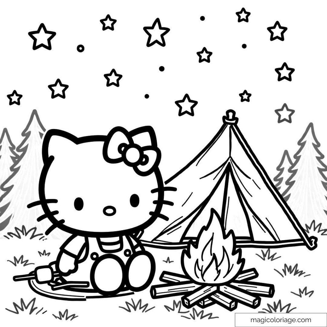 Hello Kitty camping avec feu de camp et étoiles dans la forêt