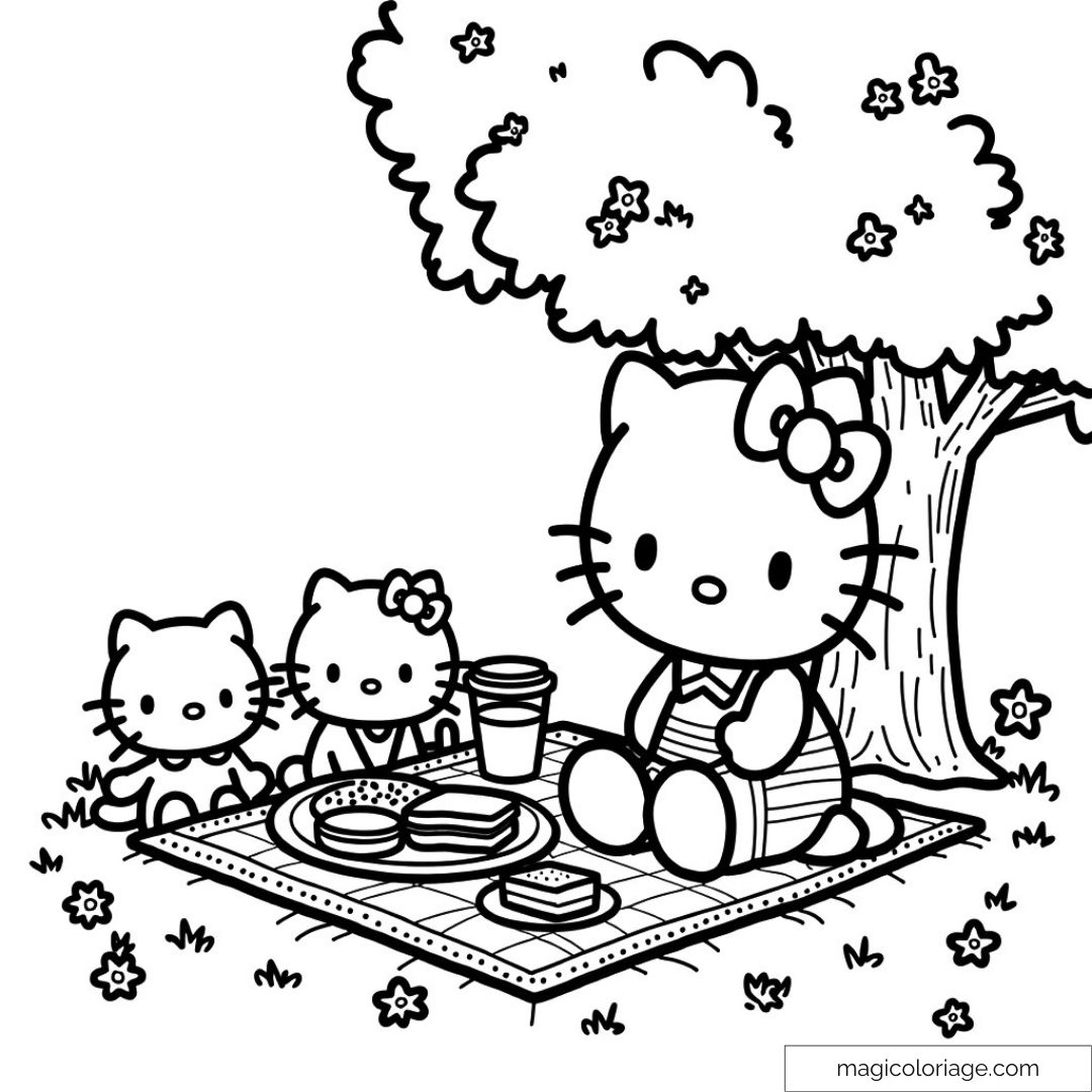 Hello Kitty et amis en pique-nique sous un arbre