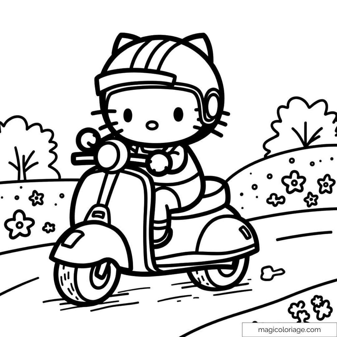 Hello Kitty roulant en scooter sur une route fleurie