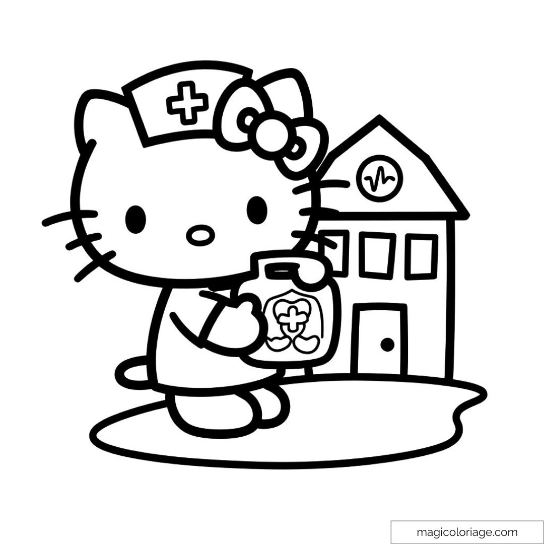 Hello Kitty en infirmière devant un hôpital