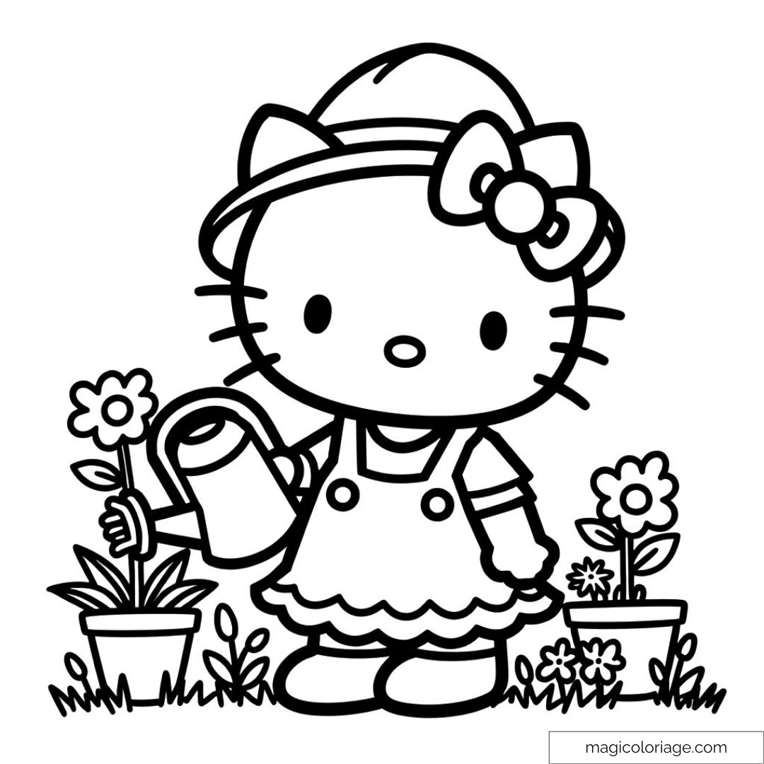 Hello Kitty arrosant des fleurs dans un jardin