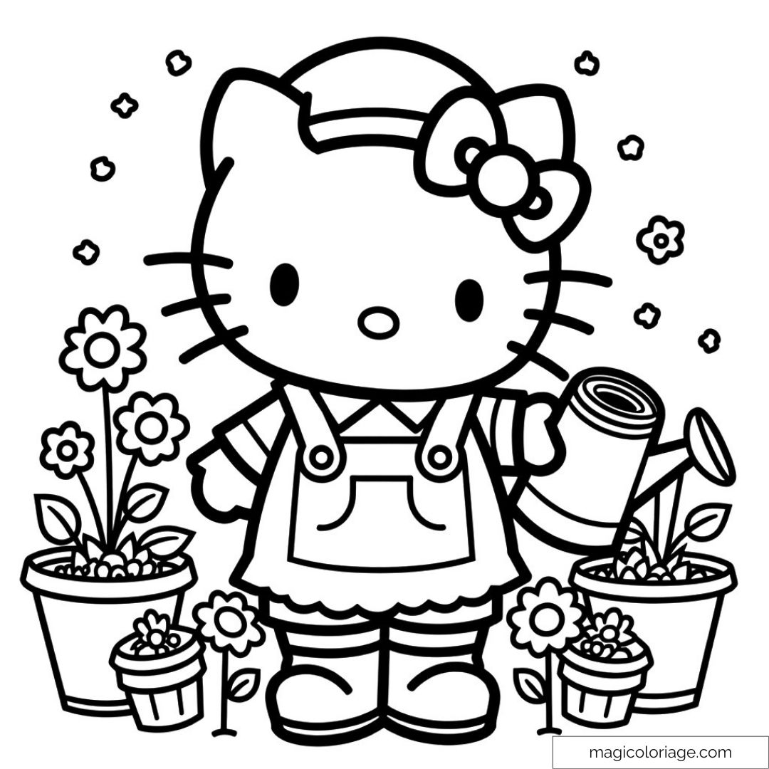 Dessin de Hello Kitty arrosant des plantes et fleurs en pots.