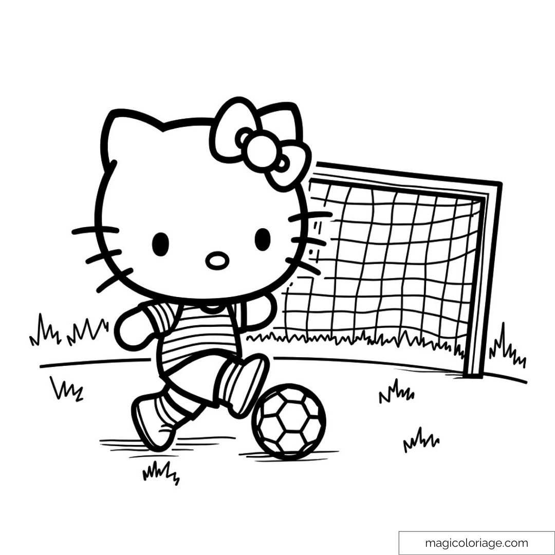 Dessin de Hello Kitty jouant au football avec ballon et but