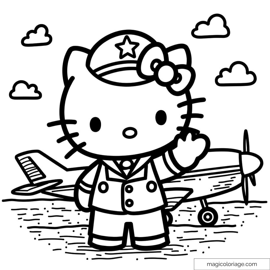 Hello Kitty en uniforme de pilote devant un avion.