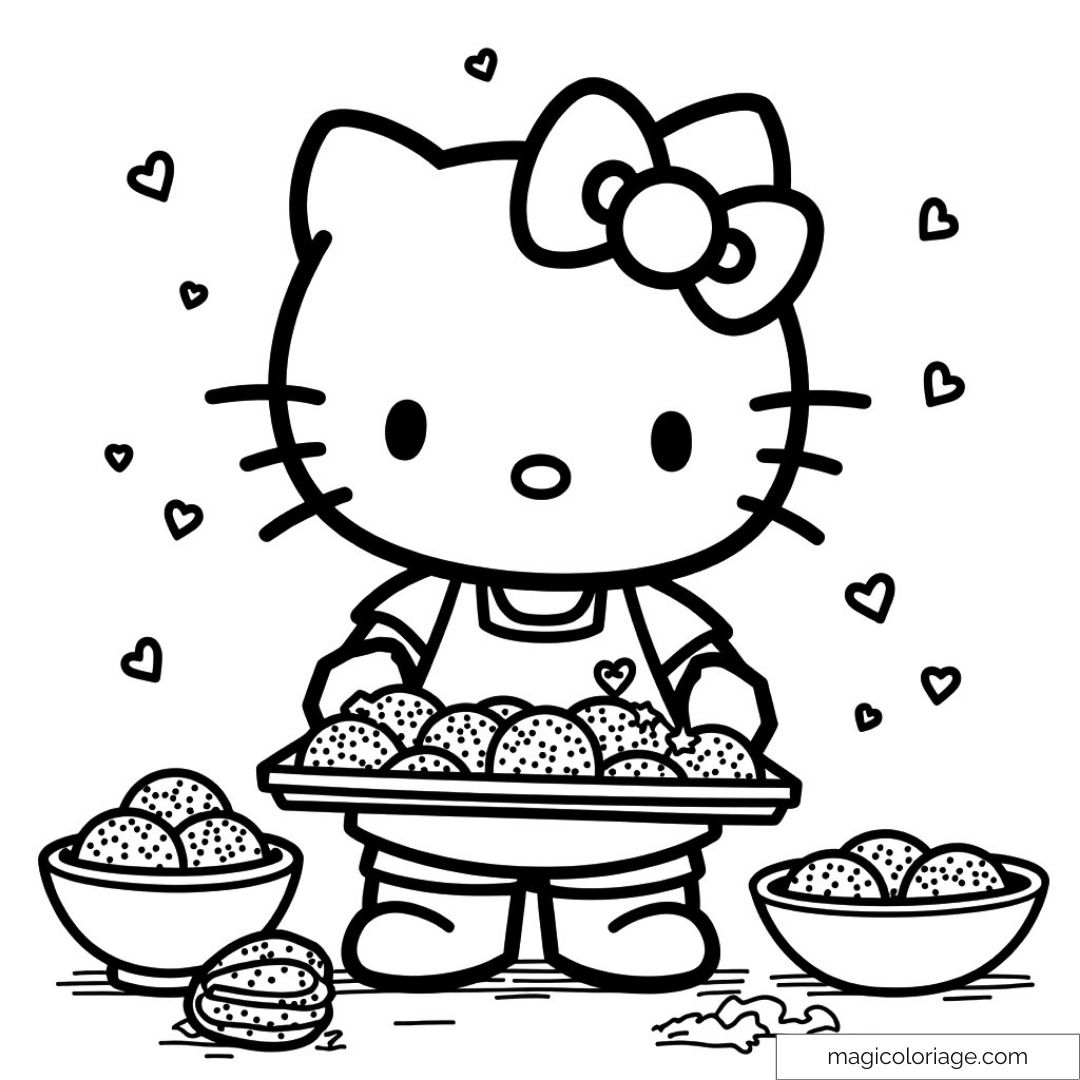 Hello Kitty cuisine avec des cookies et des cœurs