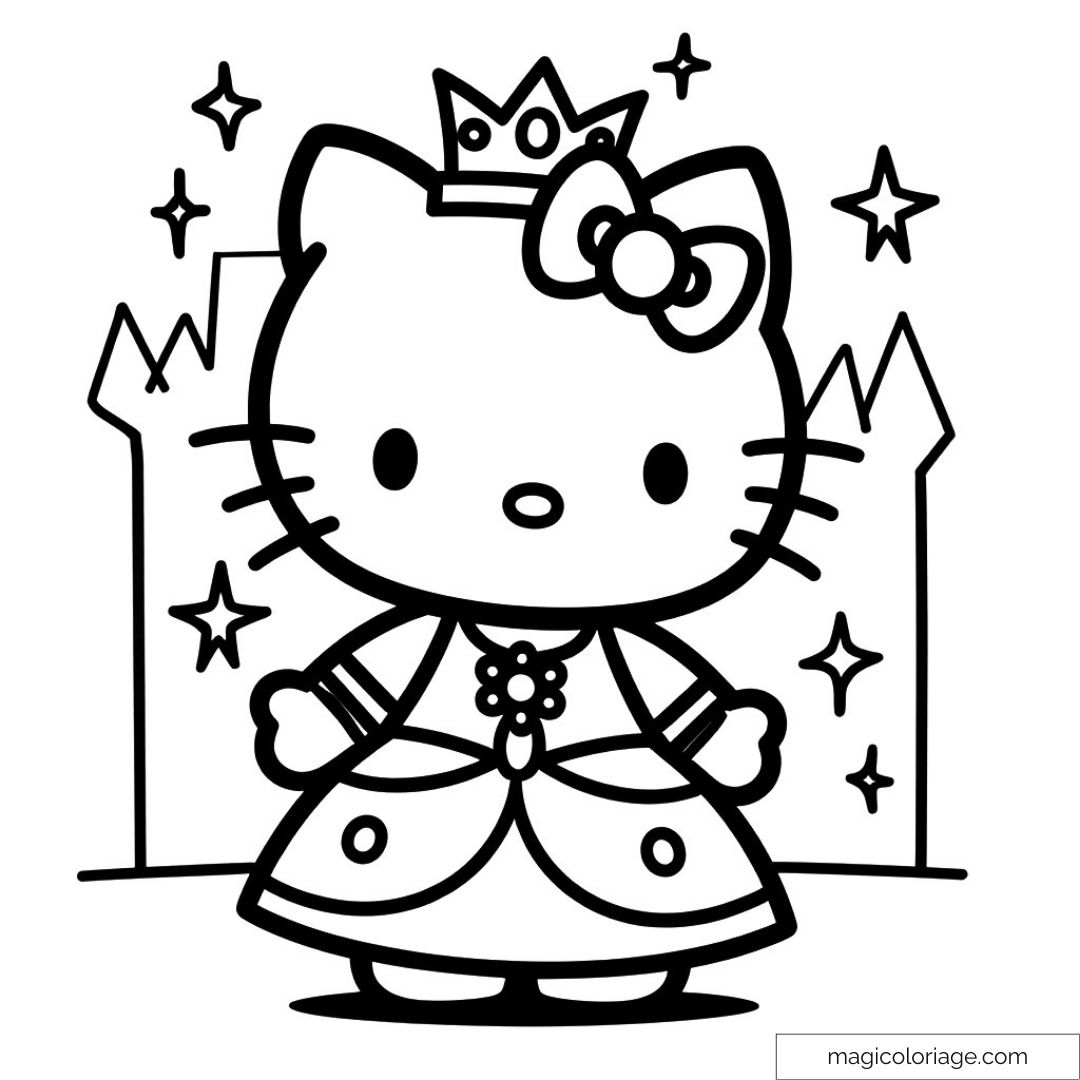 Hello Kitty en princesse devant un château et des étoiles