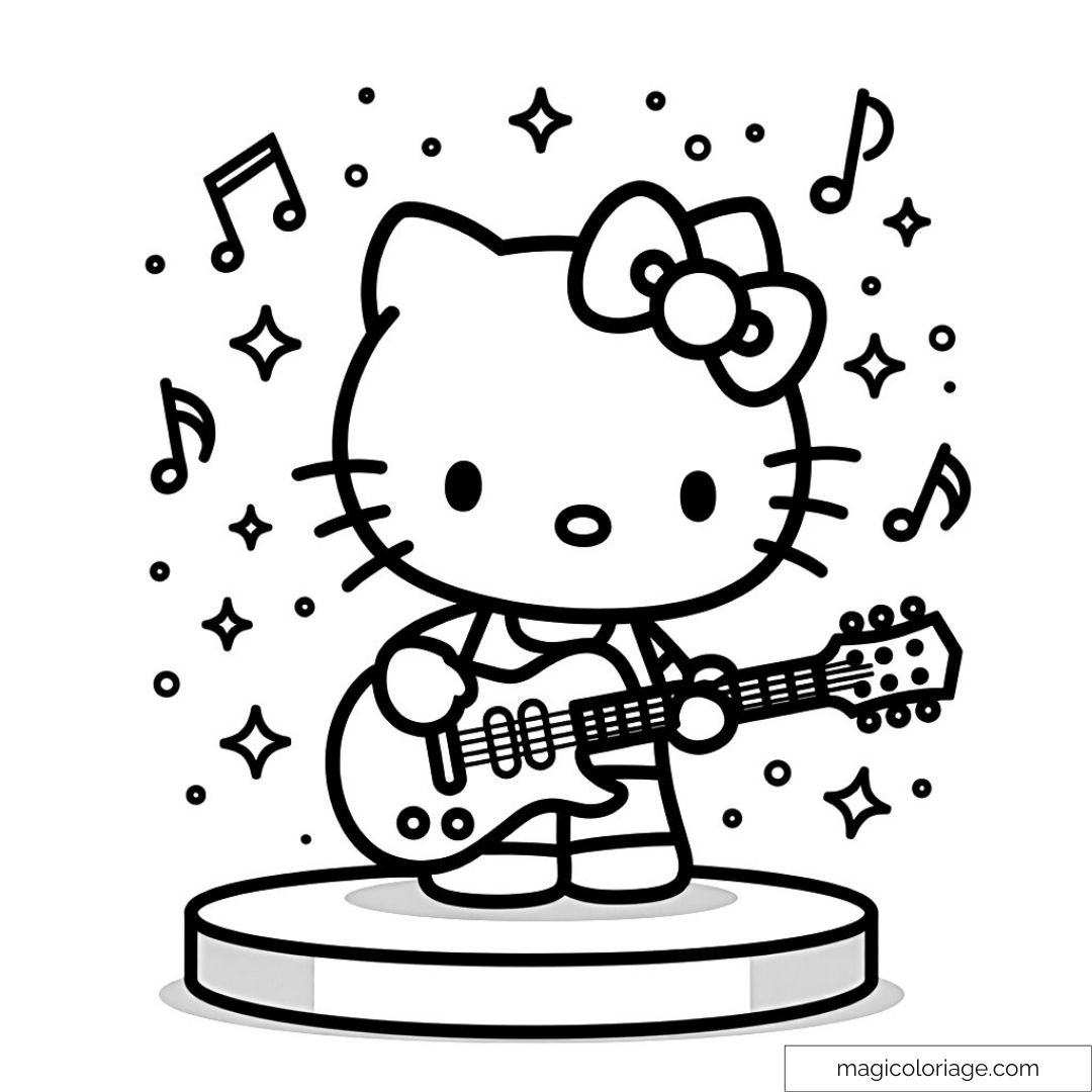 Hello Kitty jouant de la guitare entourée de notes de musique et étoiles.