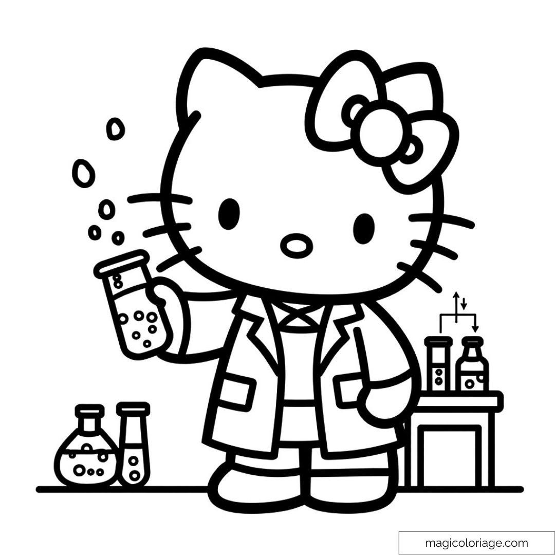 Coloriage Hello Kitty scientifique avec éprouvettes et matériel de laboratoire.
