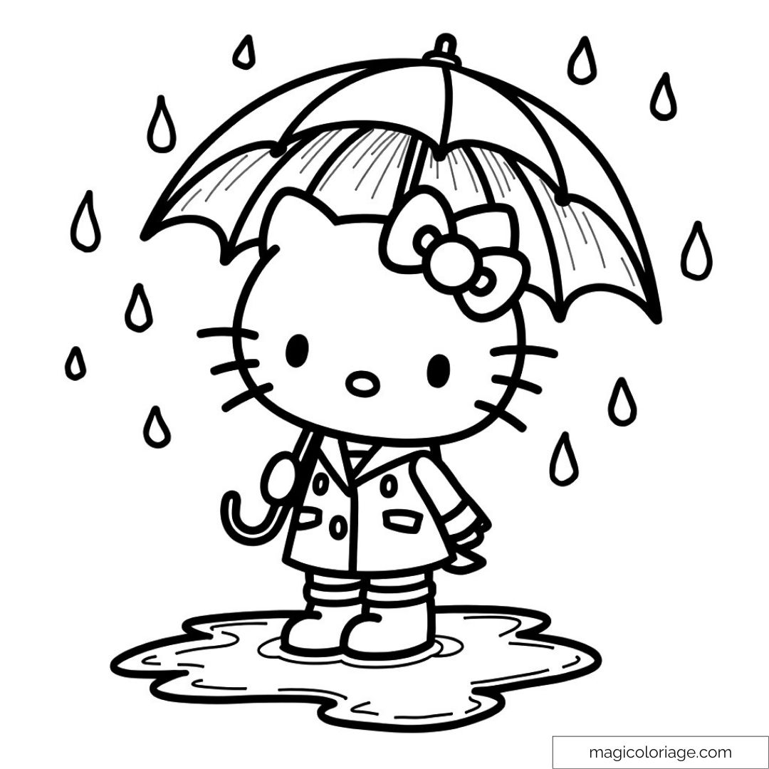 Hello Kitty sous un parapluie avec des gouttes de pluie à colorier.