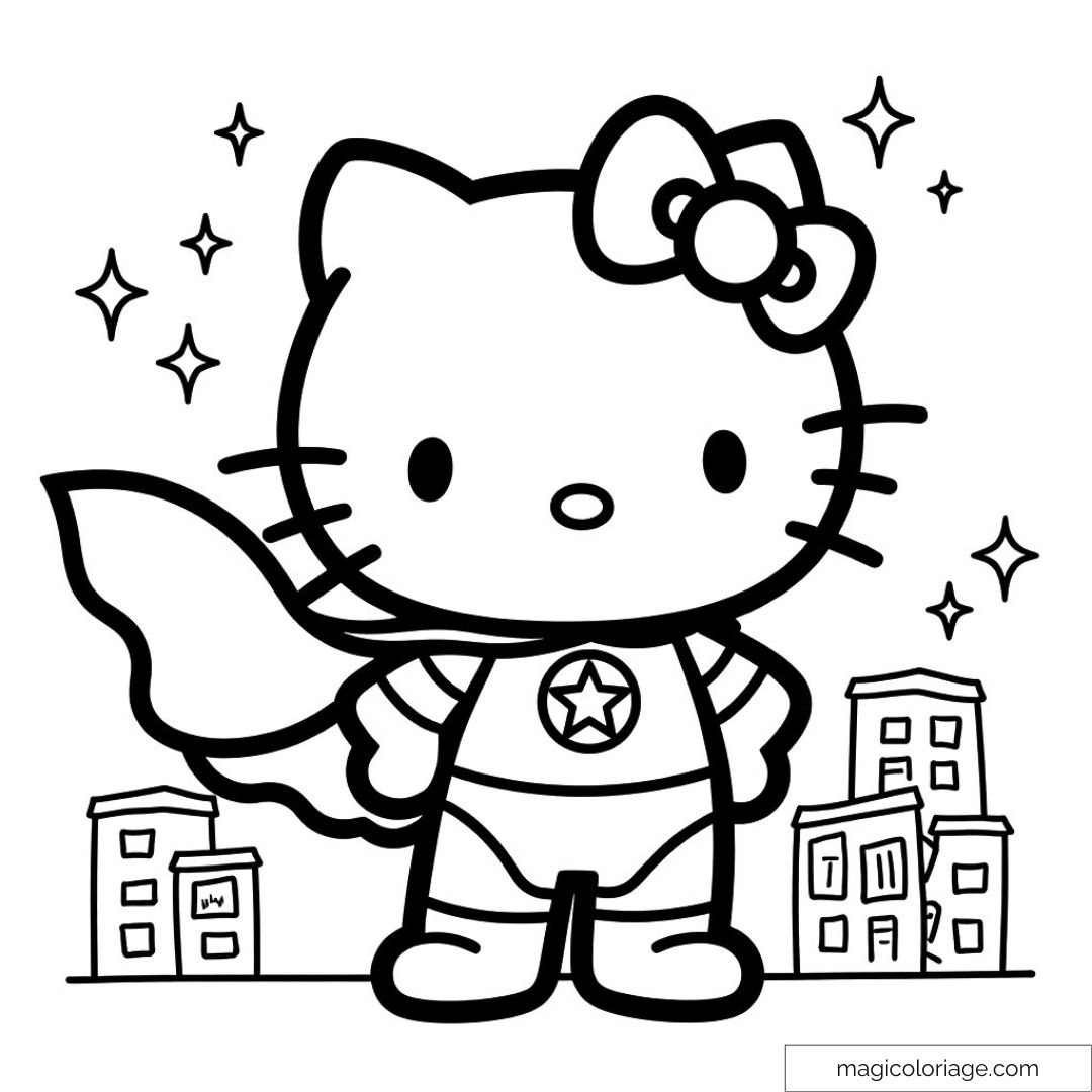Hello Kitty habillée en super-héroïne avec des bâtiments en arrière-plan.