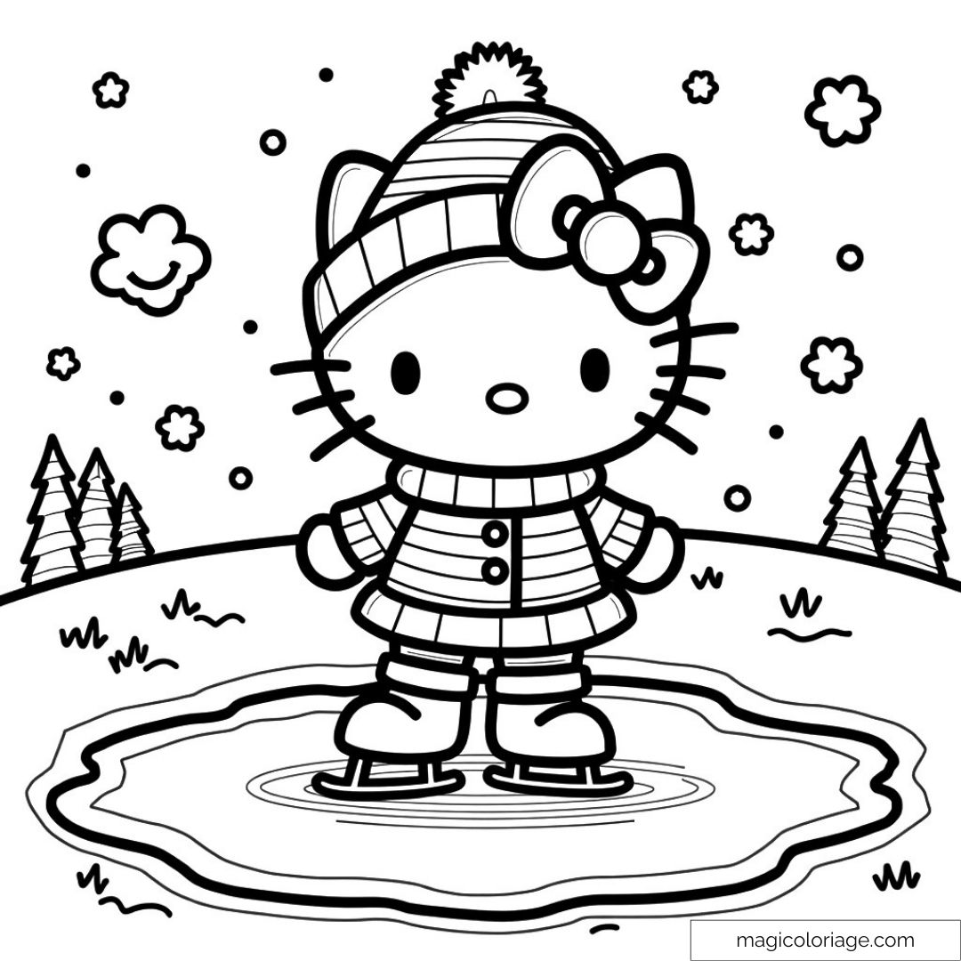 Hello Kitty patinant sur glace avec un bonnet et un manteau