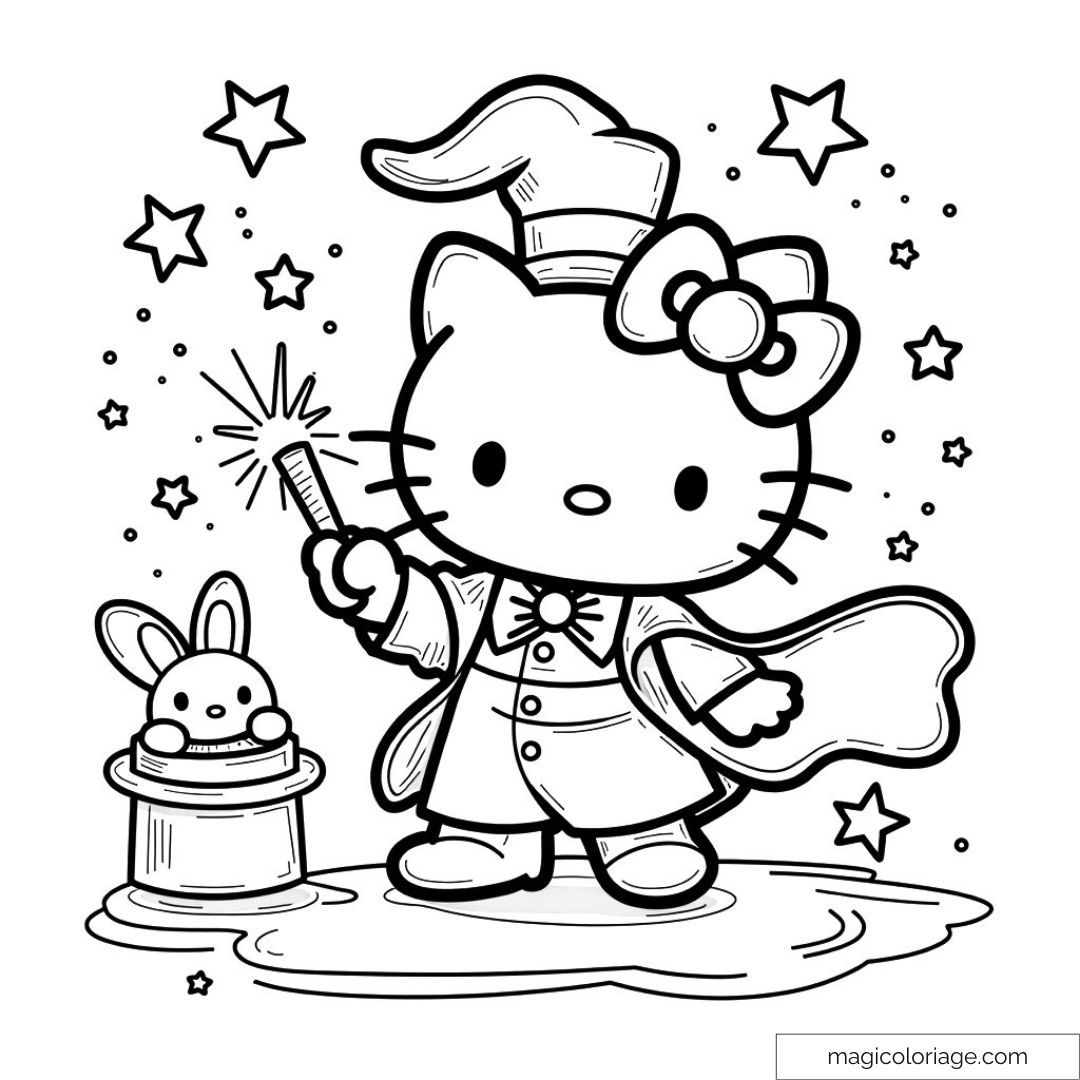 Hello Kitty en tenue de magicienne avec un lapin et étoiles scintillantes.