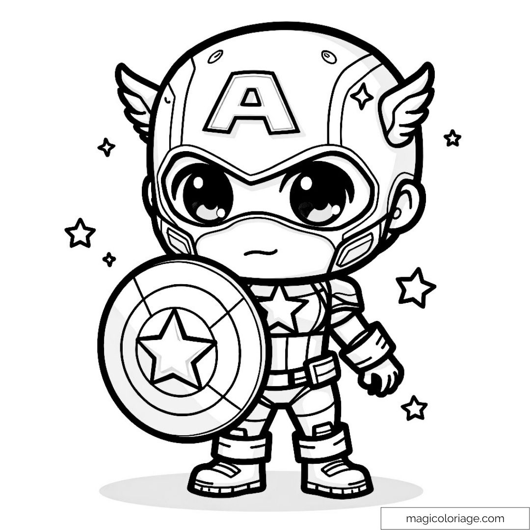 Dessin à colorier Captain America chibi avec bouclier.