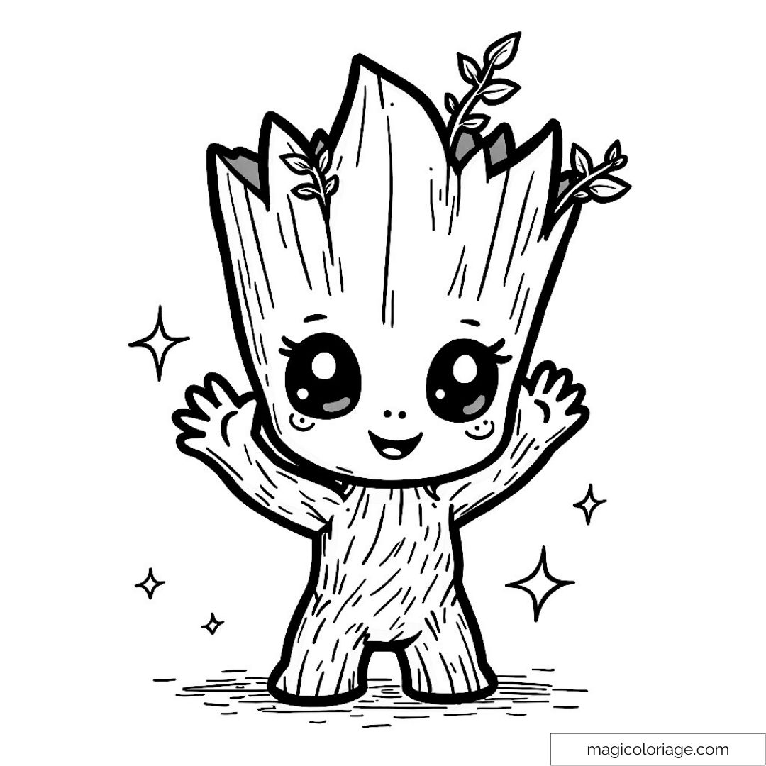 Dessin de Baby Groot en noir et blanc avec des étoiles