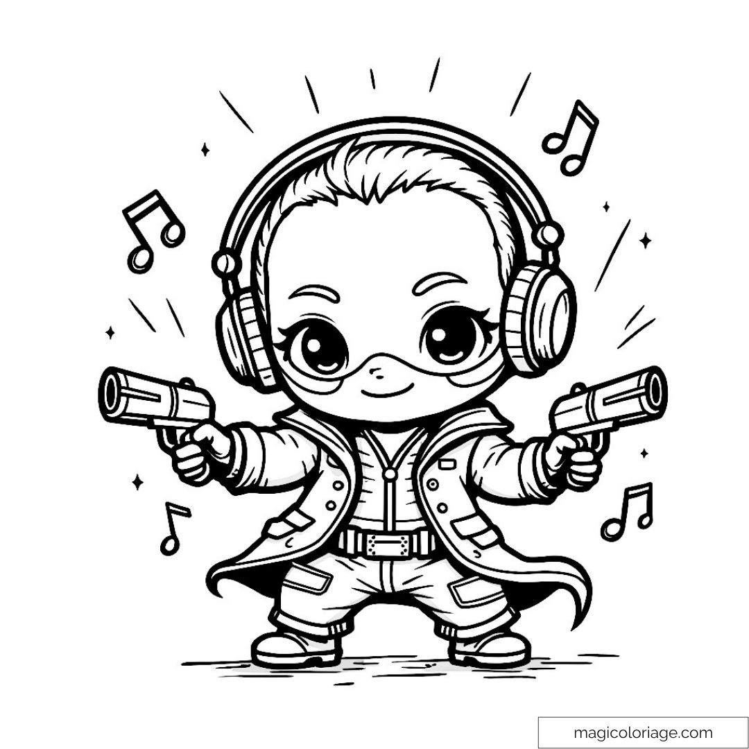 Dessin Baby Groot avec écouteurs et pistolets