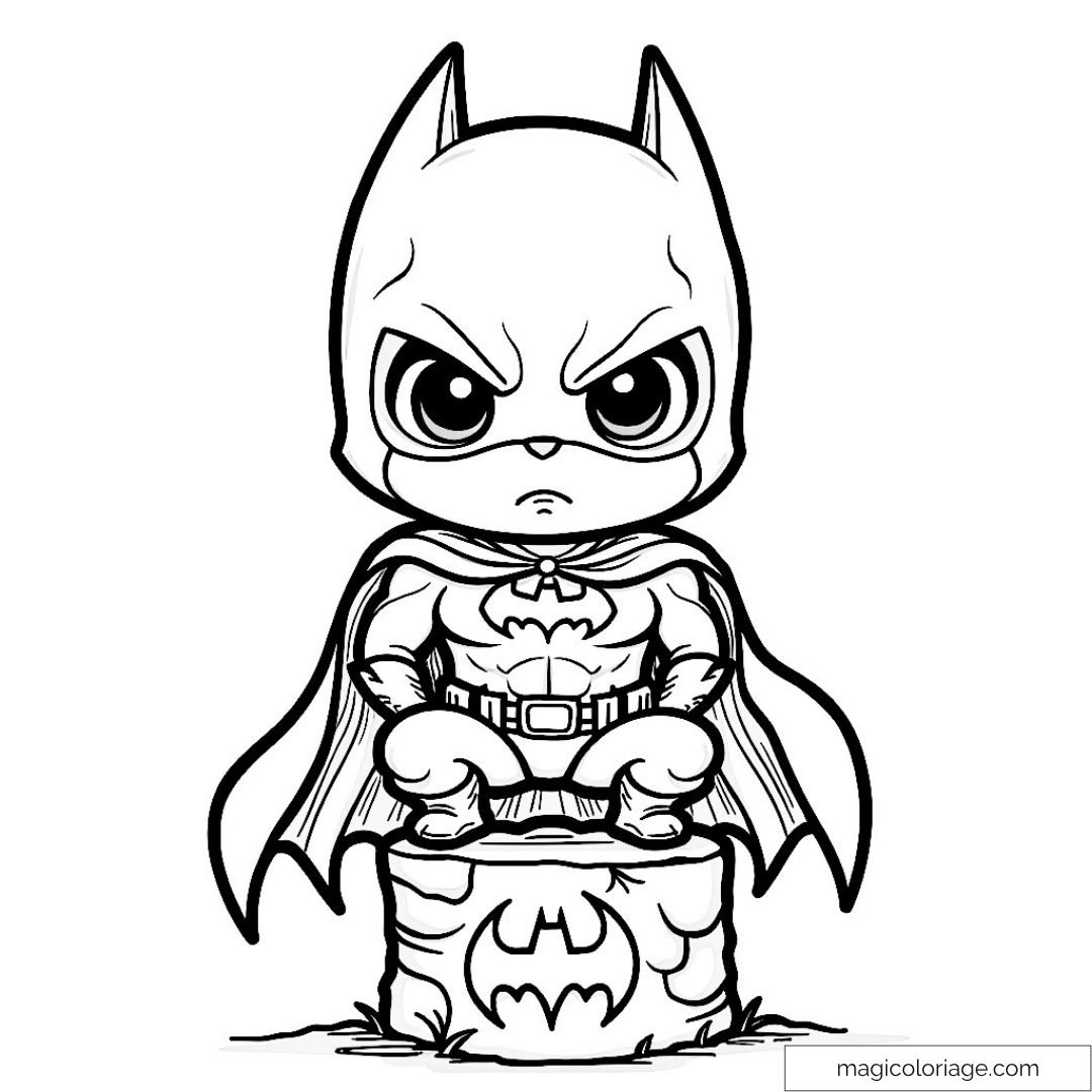 Batman mignon debout sur un tronc prêt à être colorié.