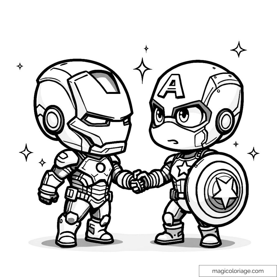 Coloriage des super-héros Captain America et Iron Man se serrant la main.