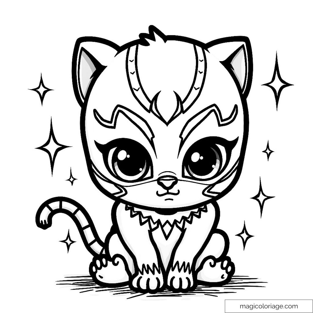Adorable chat assis entouré d'étoiles scintillantes à colorier