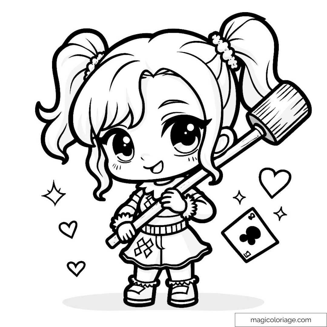 Dessin d'un personnage chibi tenant un maillet avec des cartes à jouer