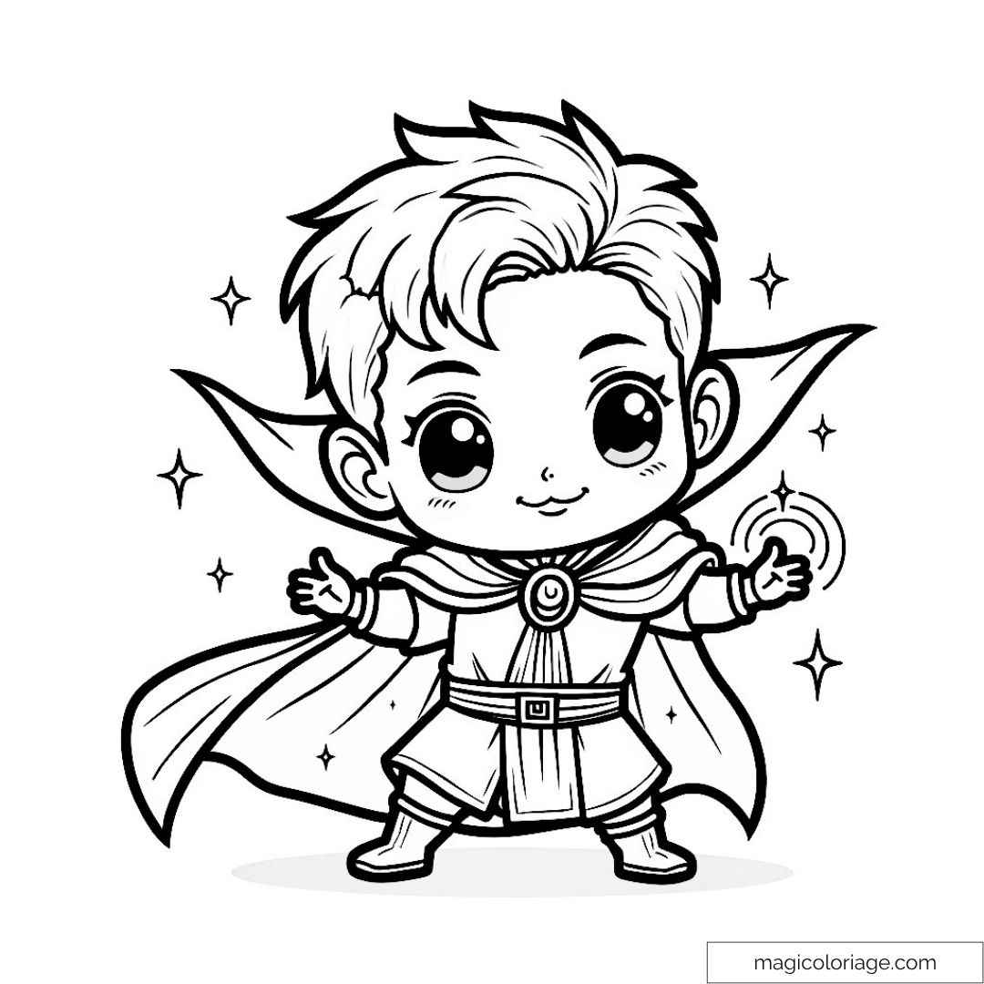Dessin chibi aventurier magie avec cape et étoiles environnantes.