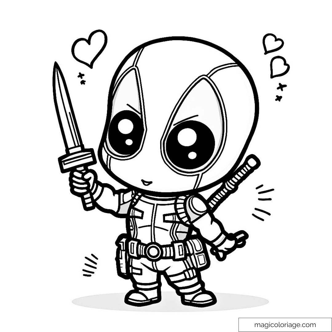 Deadpool en dessin chibi avec épée et motifs de cœurs à colorier.