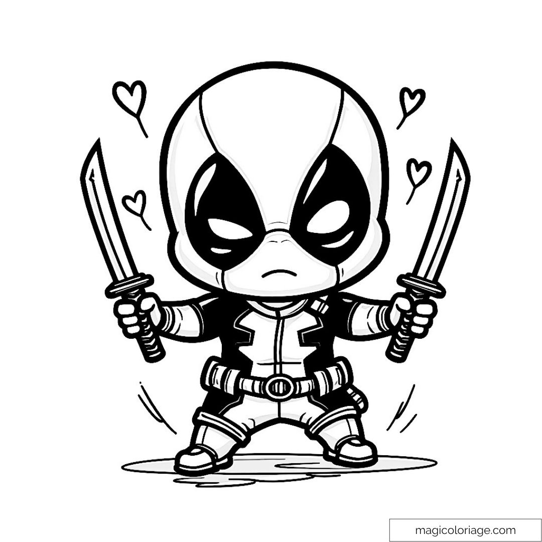 Dessin à colorier de Deadpool style chibi avec épées et cœurs.