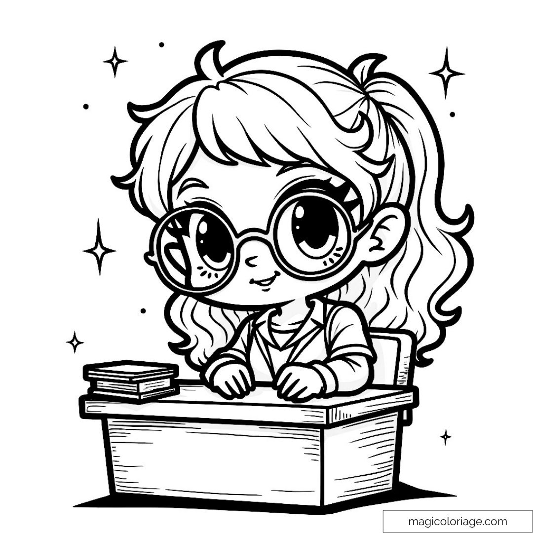 Écolière mignonne assise au bureau avec lunettes et étoiles.
