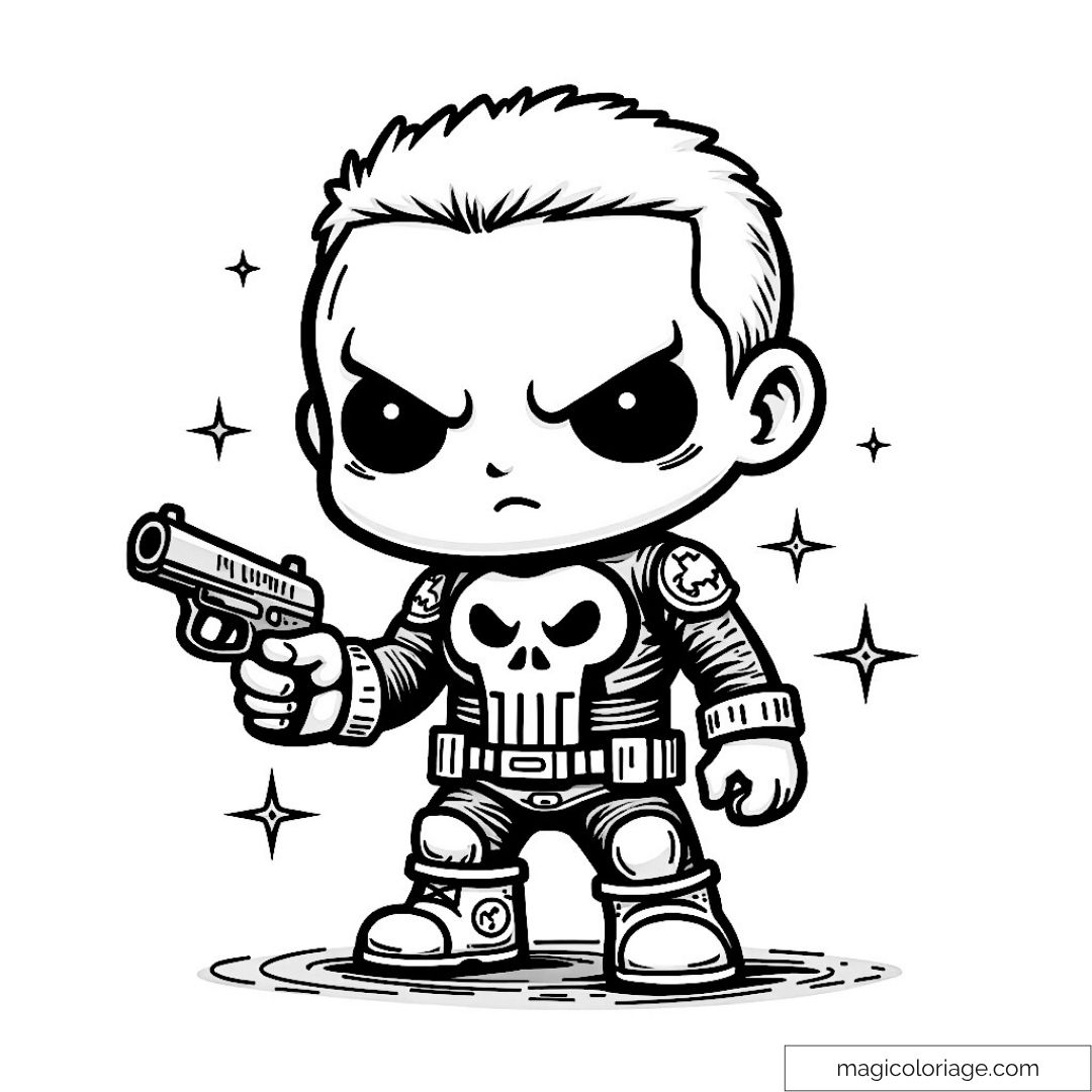 Image à colorier représentant The Punisher avec un pistolet et des étoiles