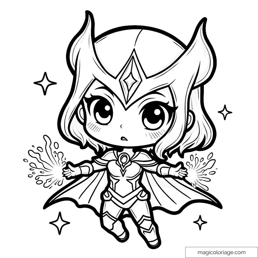 Héroïne chibi avec cape et pouvoirs magiques entourée d'étoiles.