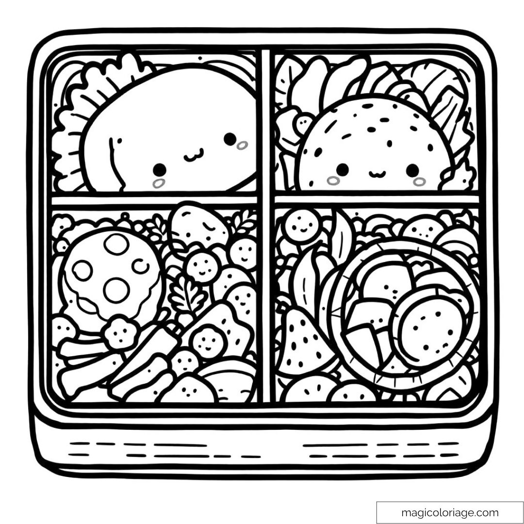 Dessin de bento amusant avec aliments et visages mignons à colorier.