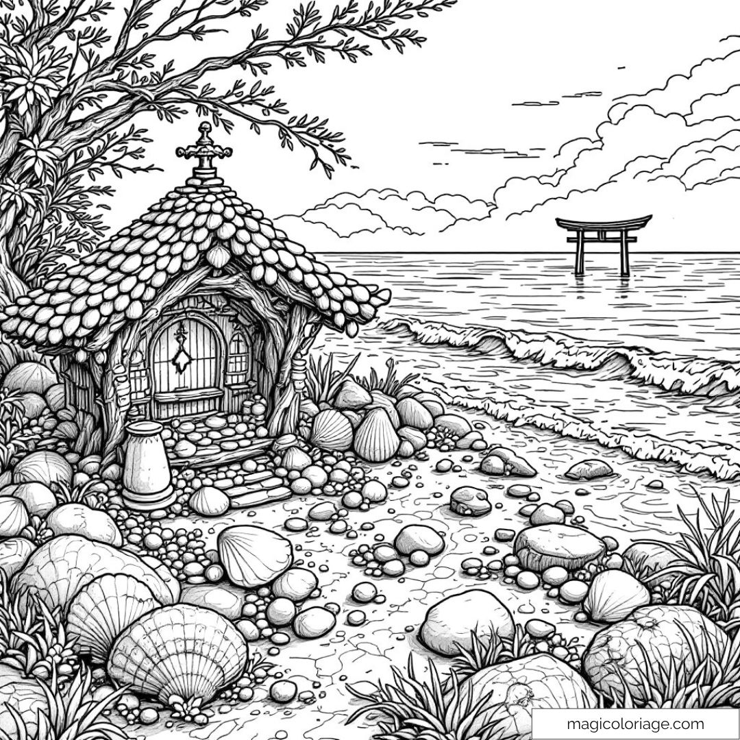 Dessin détaillé d'une cabane rustique près de l'océan et d'un torii.