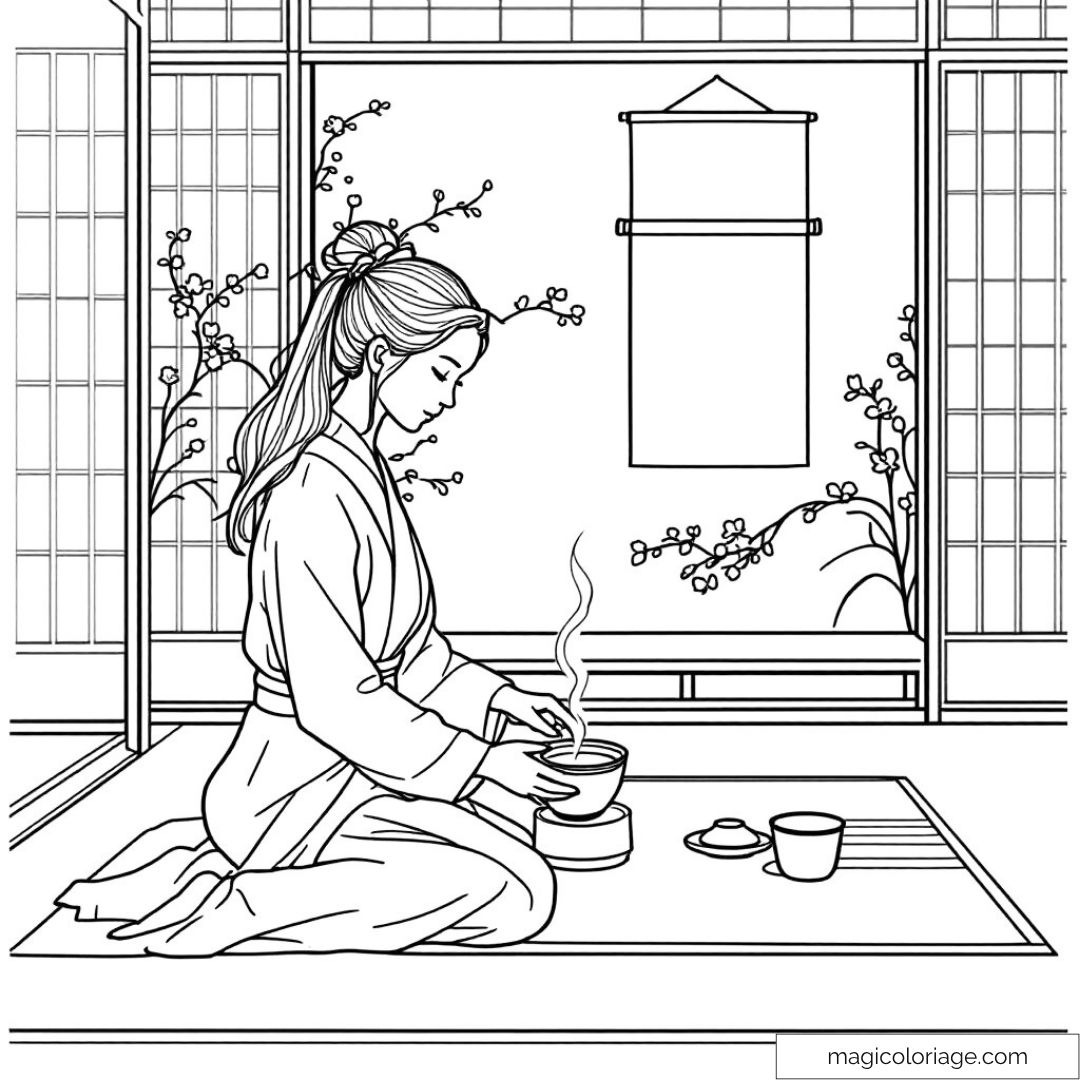 Femme en kimono préparant cérémonie du thé japonaise traditionnelle