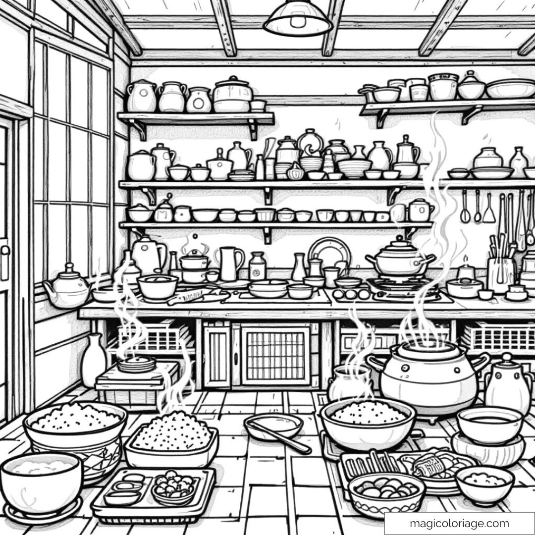 Cuisine ancienne avec étagères et vaisselle