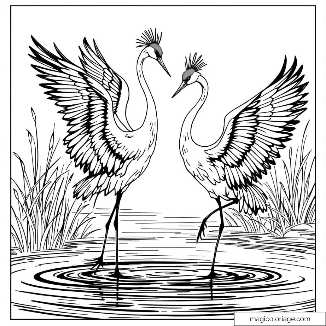 Grues élégantes dansant près de l'eau