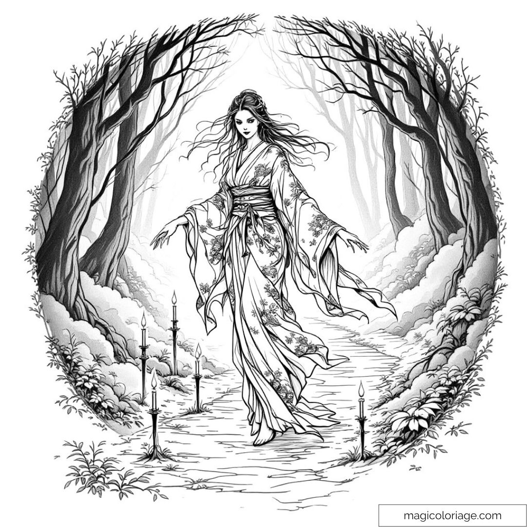 Femme en kimono au milieu d'une forêt avec des arbres et des bougies.