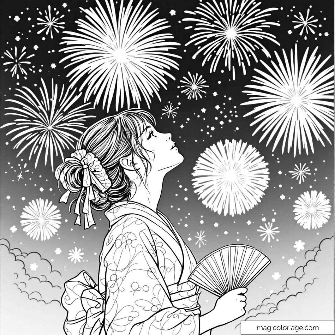 Jeune fille en kimono admirant des feux d'artifice nocturnes.