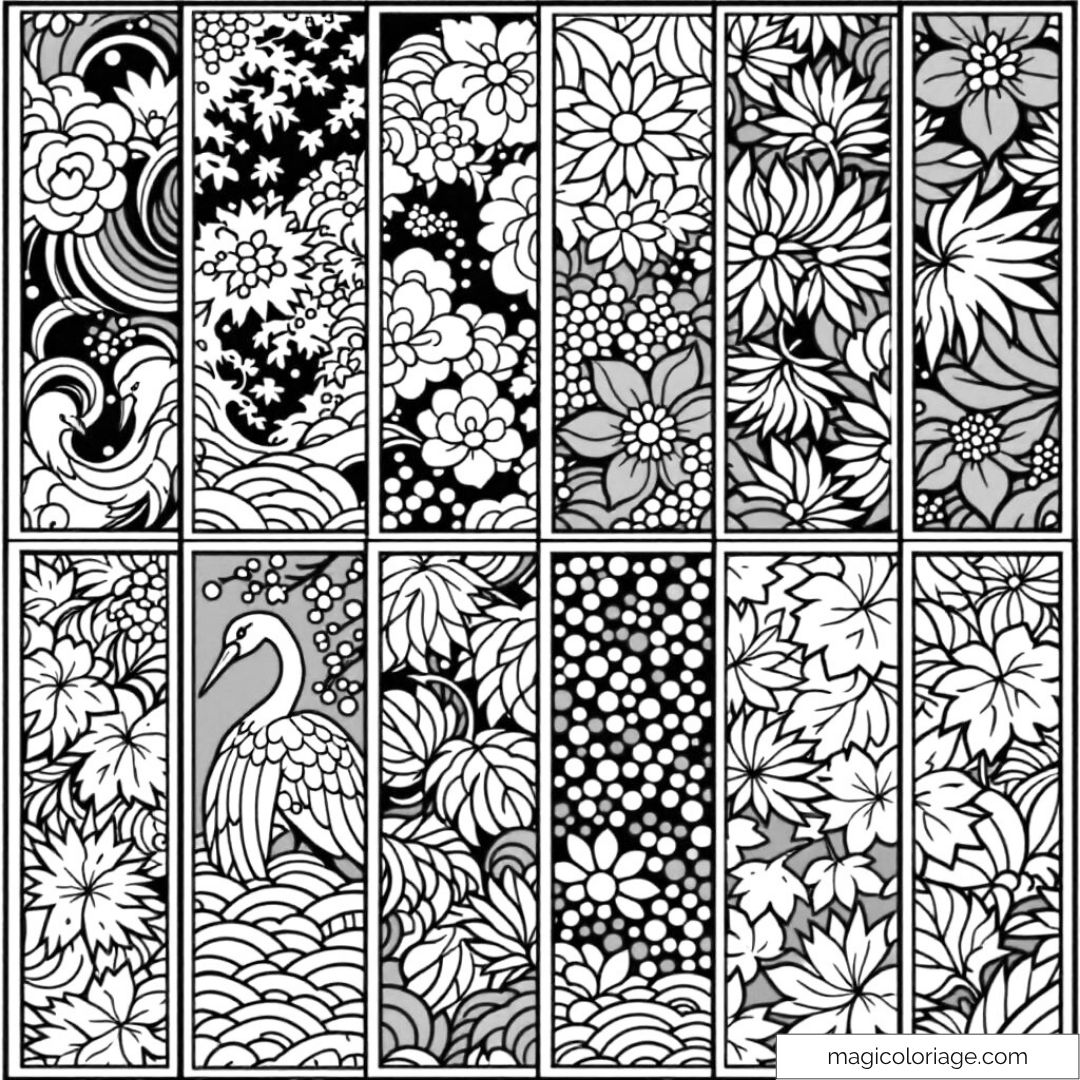 Motifs floraux japonais élégants avec un oiseau dans un paysage zen.